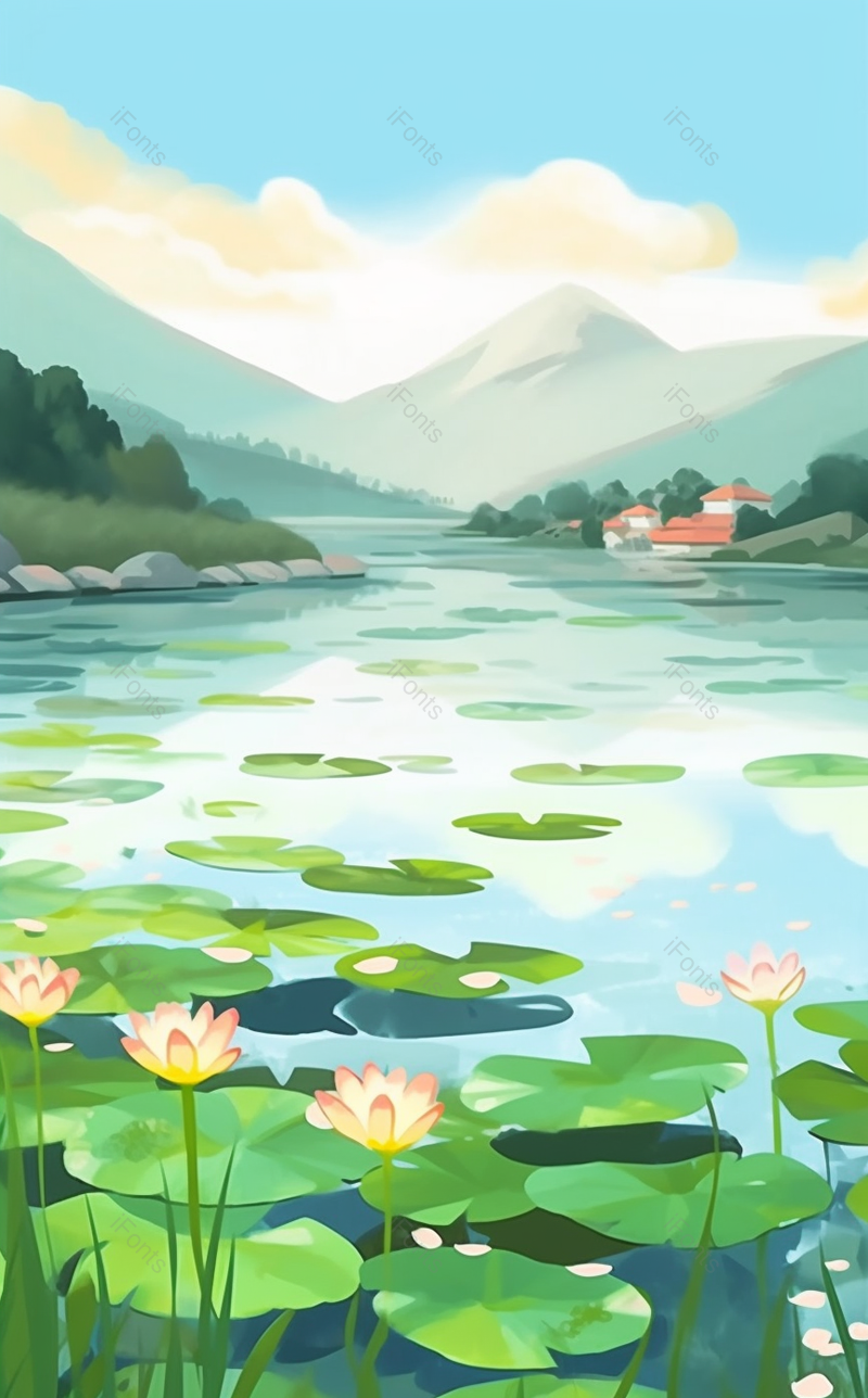 绿色荷叶蓝天白云下夏天乡下的池塘荷花风景,插画/手绘图,插画/手绘图库,插画/手绘图下载,插画/手绘